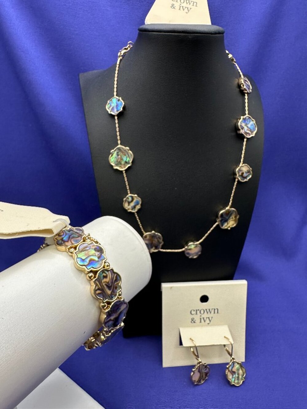 Crown & Ivy Set: Abalone Necklace, Bracelet & Earrings. New with Tags